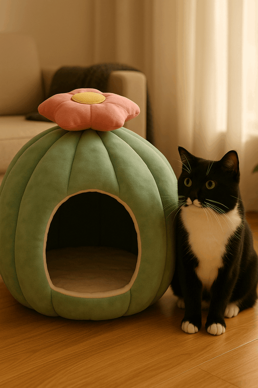 Black and white cat with larger pumpkin pet house