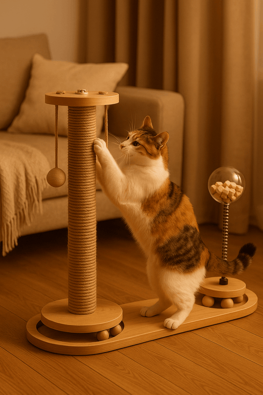 Tabby and white cat scratching wooden post in warm setting