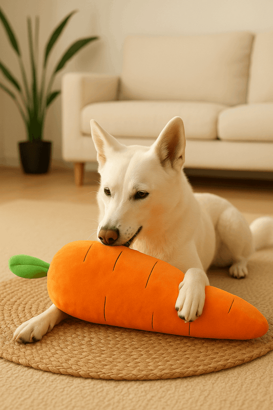 White dog with carrot toy in warm setting